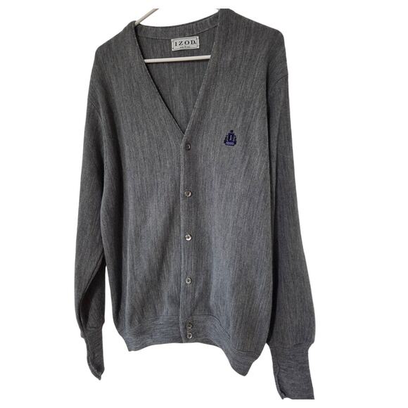 Vtg Izod Large Cardigan Sweater Gray Tennis Varsity Preppy Embroidered Shield - Picture 1 of 6
